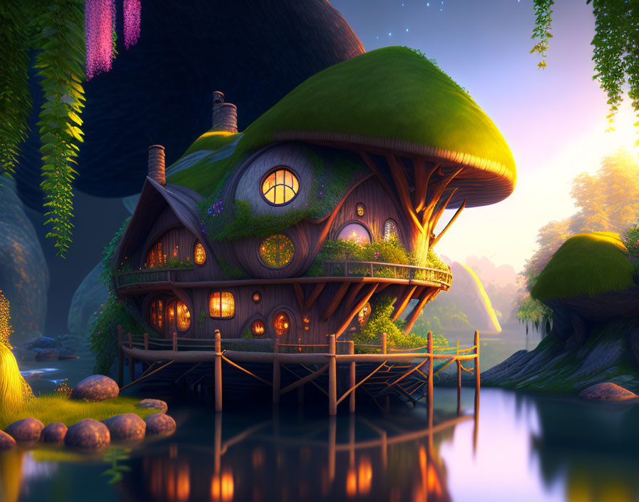 Enchanting twilight scene of mushroom-shaped house in nature