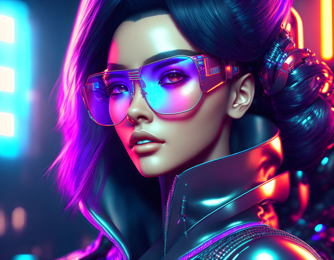 Neon-lit glasses and futuristic attire on a digital artwork