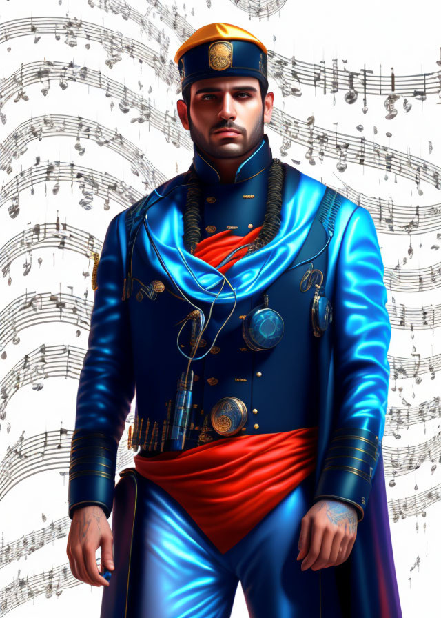 Ornate Blue Uniform with Golden Trims and Medals on Man against Musical Notes