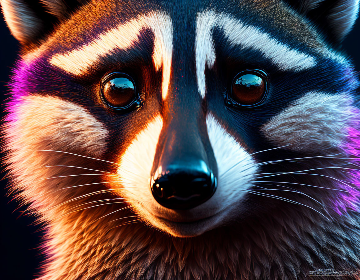 Close-up of raccoon's face with black eye markings and colorful lighting.