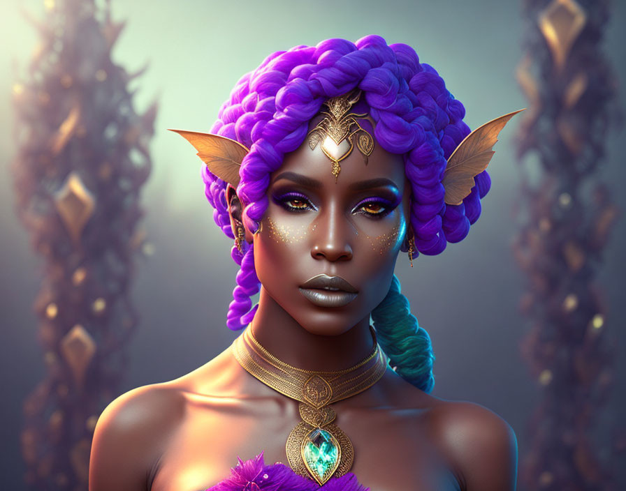 Fantasy female character with violet skin and purple braided hair in digital art