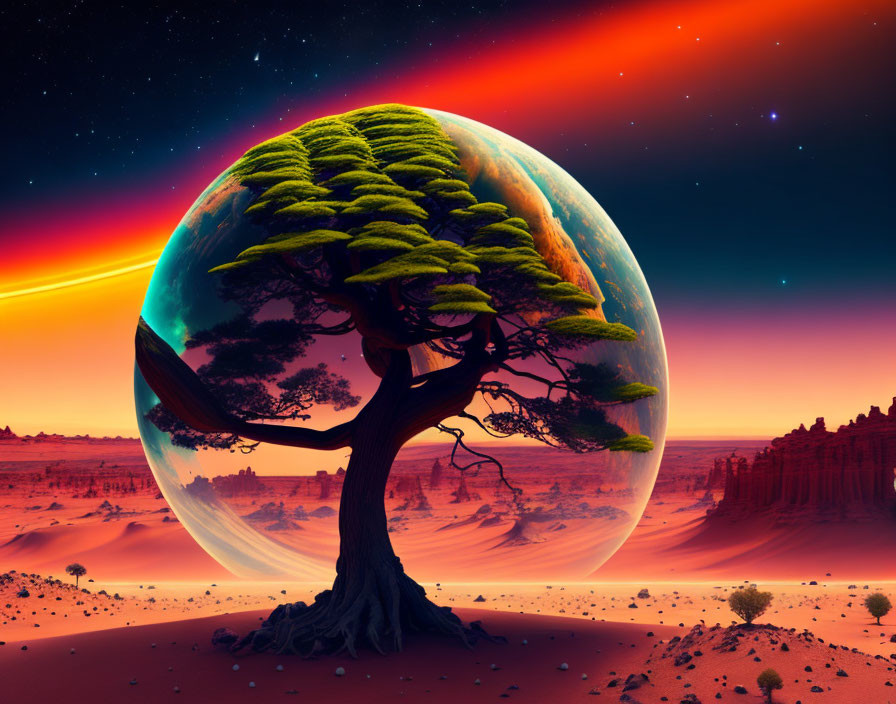 Solitary tree in bubble under twilight sky and desert landscape