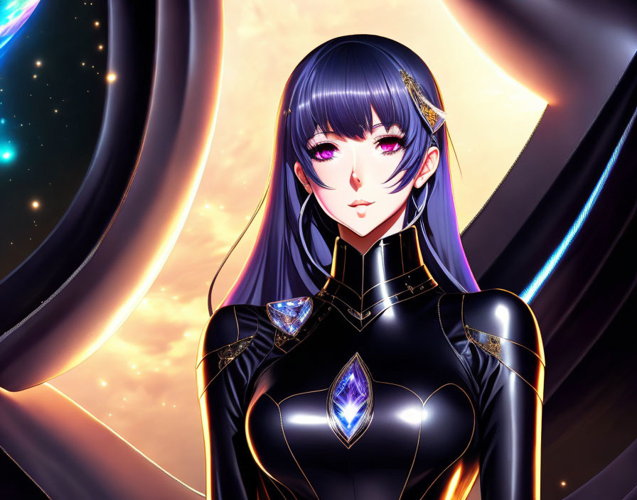 Purple-haired anime character in futuristic outfit with cosmic background