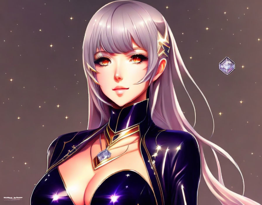 Silver-Haired Woman in Black and Gold Outfit on Starry Background