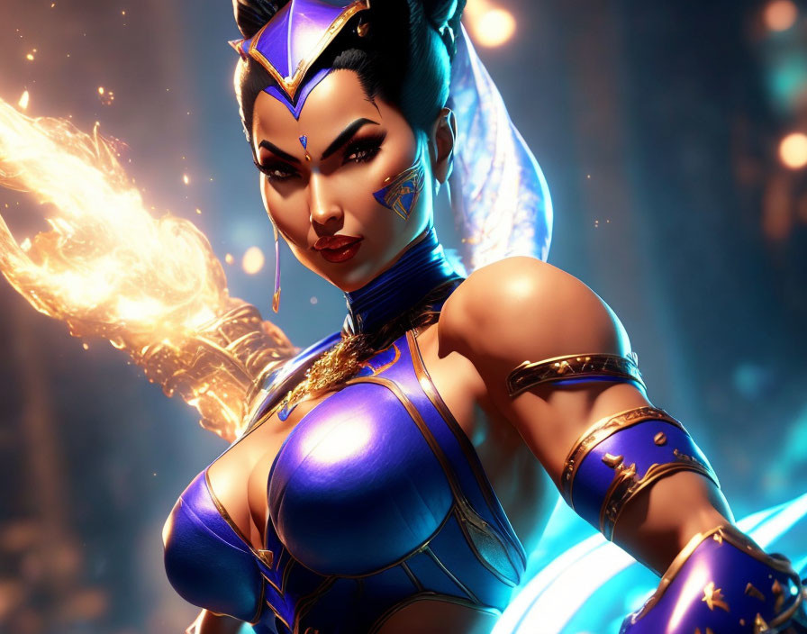 Female warrior in blue and gold armor casting fire spell with determination