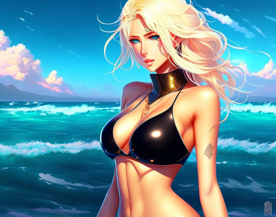 Blonde Female Character in Black Bikini by Ocean Waves