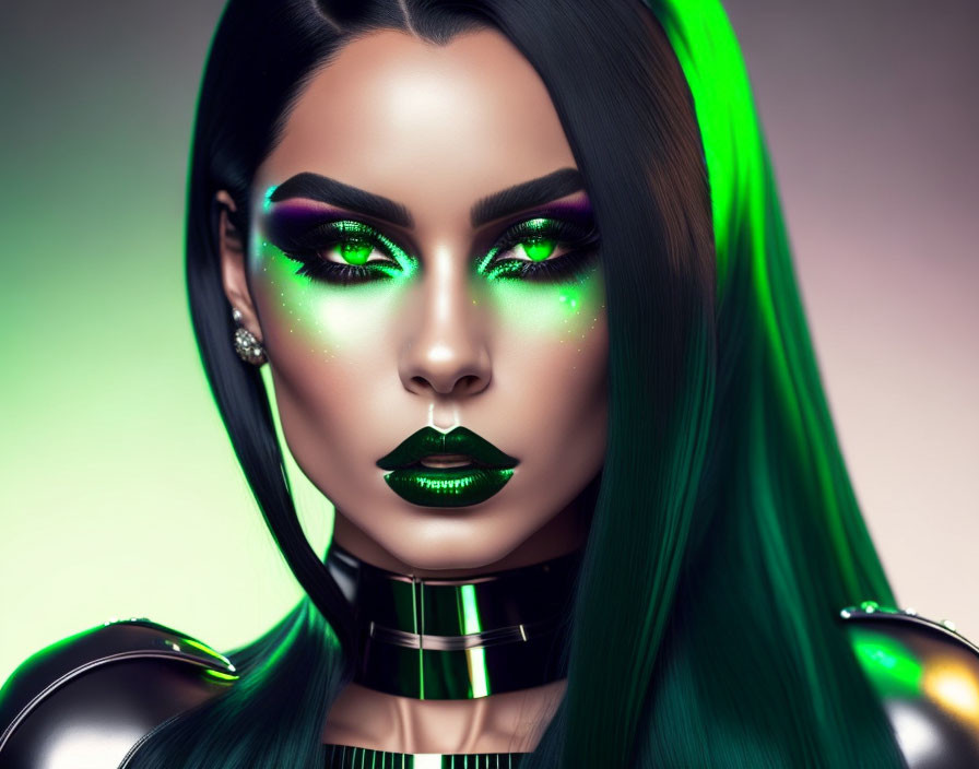 Digital Artwork: Woman with Green Hair and Purple Eye Makeup