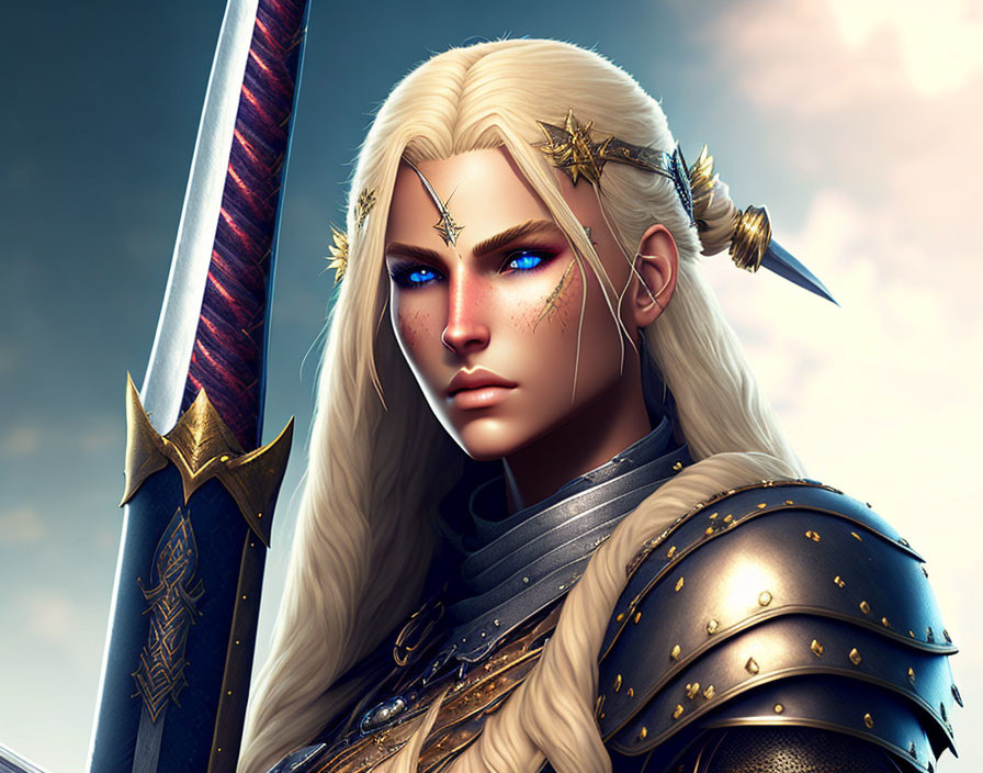 Fantasy warrior digital illustration with blonde braided hair and golden armor