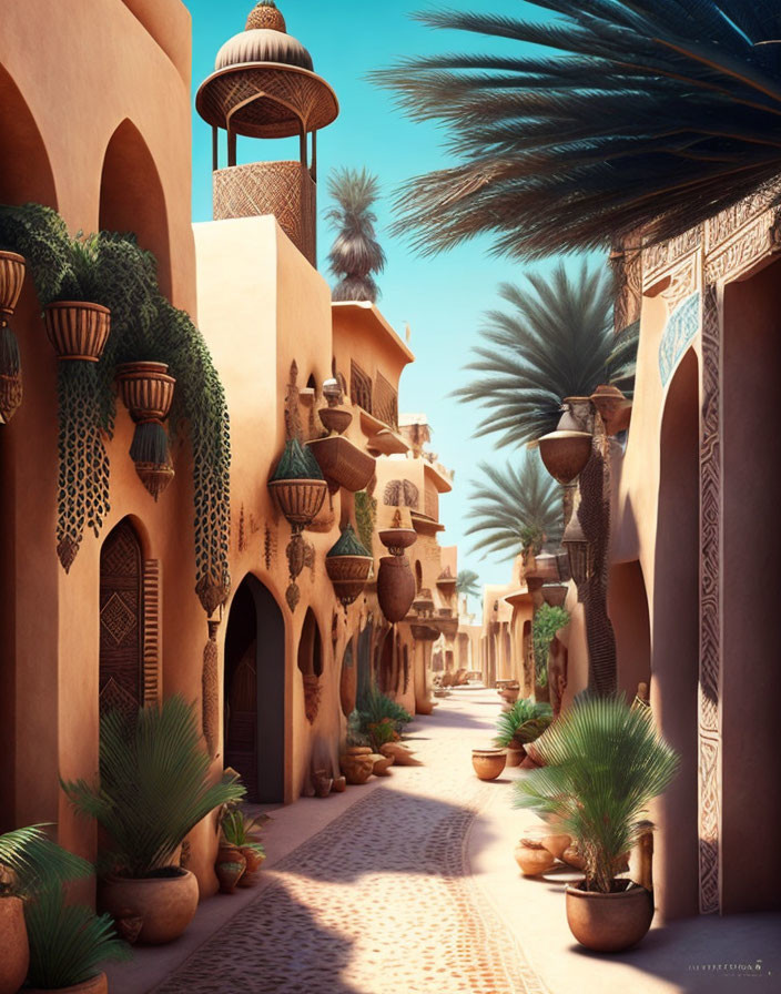 Traditional Middle Eastern alleyway with arched doorways and hanging lanterns