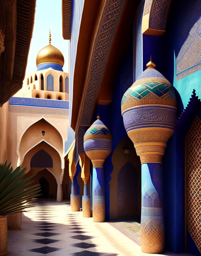 Ornate Blue and Gold Middle Eastern Corridor with Domed Structures