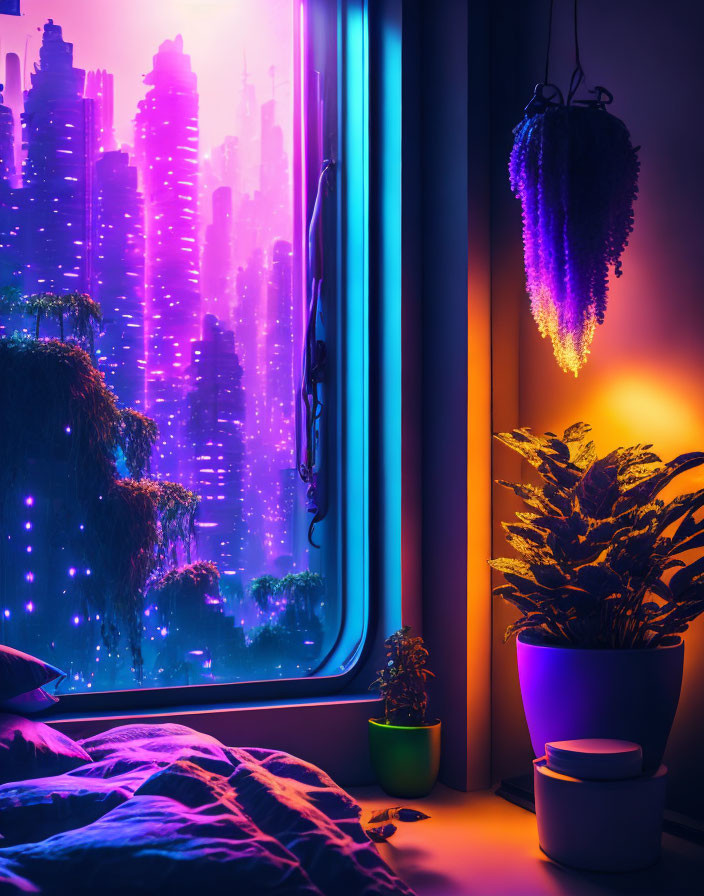 Futuristic neon-lit cityscape from cozy bedroom with plants