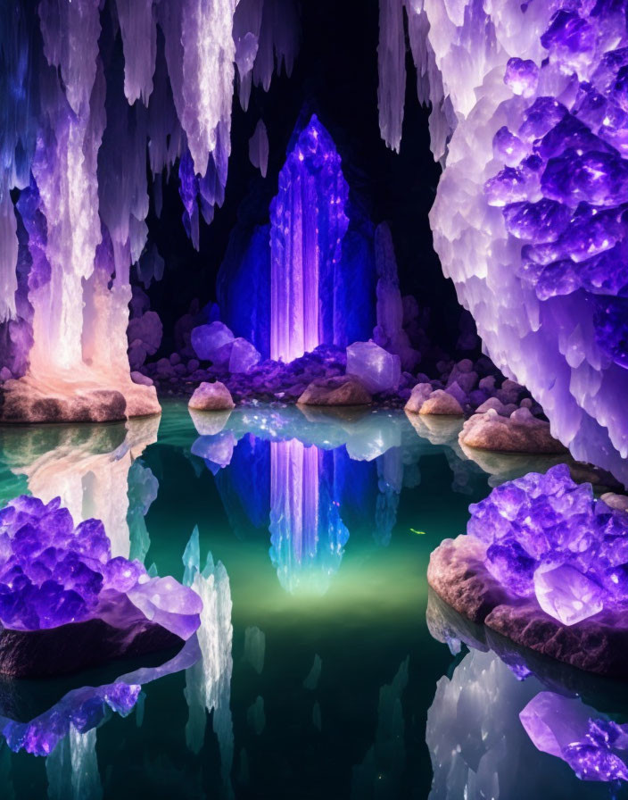 Majestic Crystal Cave with Amethyst Geodes and Turquoise Waters