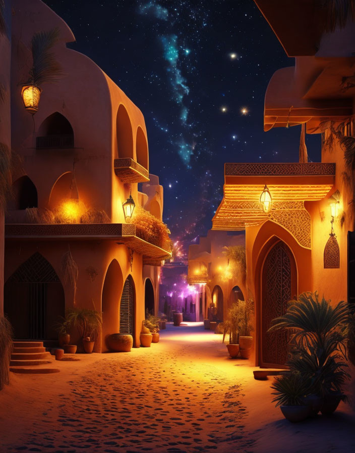 Traditional Middle Eastern Street at Night with Lanterns and Milky Way Sky