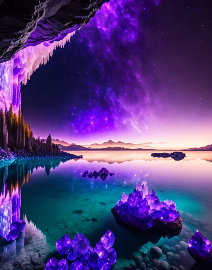 Scenic lakeside with purple and teal hues, star-filled night sky, icicles, and crystall