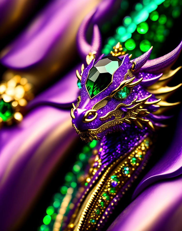 Detailed Purple and Gold Dragon with Green Gemstone on Metallic Scales