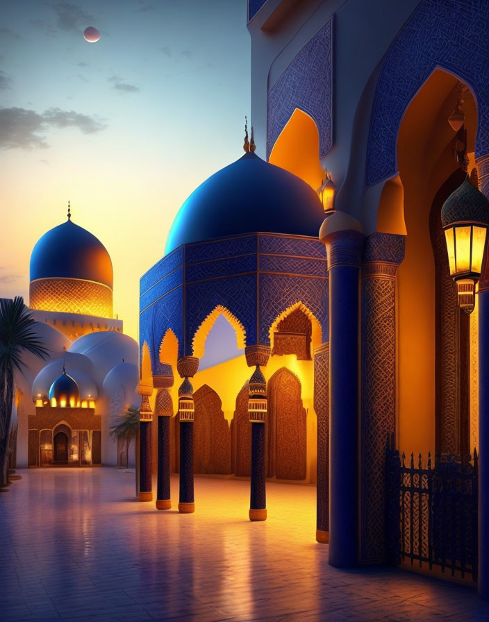 Mosque with Vibrant Blue Domes and Illuminated Arches at Twilight