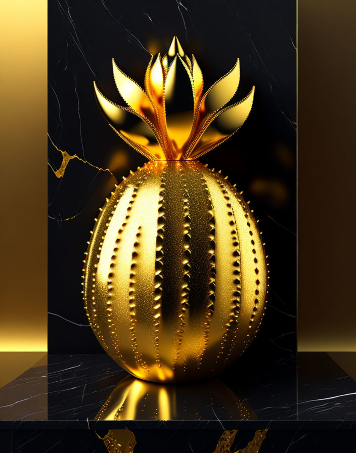 Golden spherical base with petal-like extensions on black marble background.