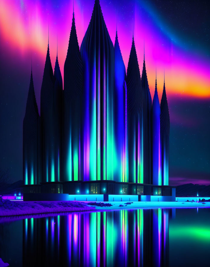 Modern building with spire-like structures under vibrant aurora-filled night sky reflected in tranquil water