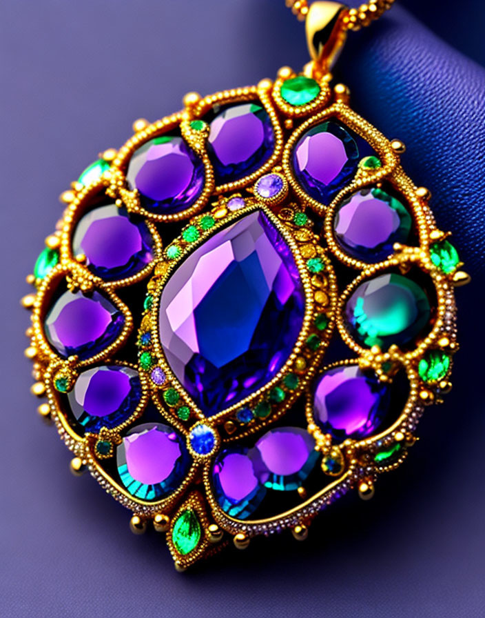 Luxurious Gemstone Pendant with Central Amethyst and Gold Filigree