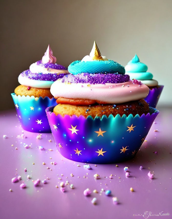 Colorful Cupcakes with Galaxy-Themed Icing and Golden Accents