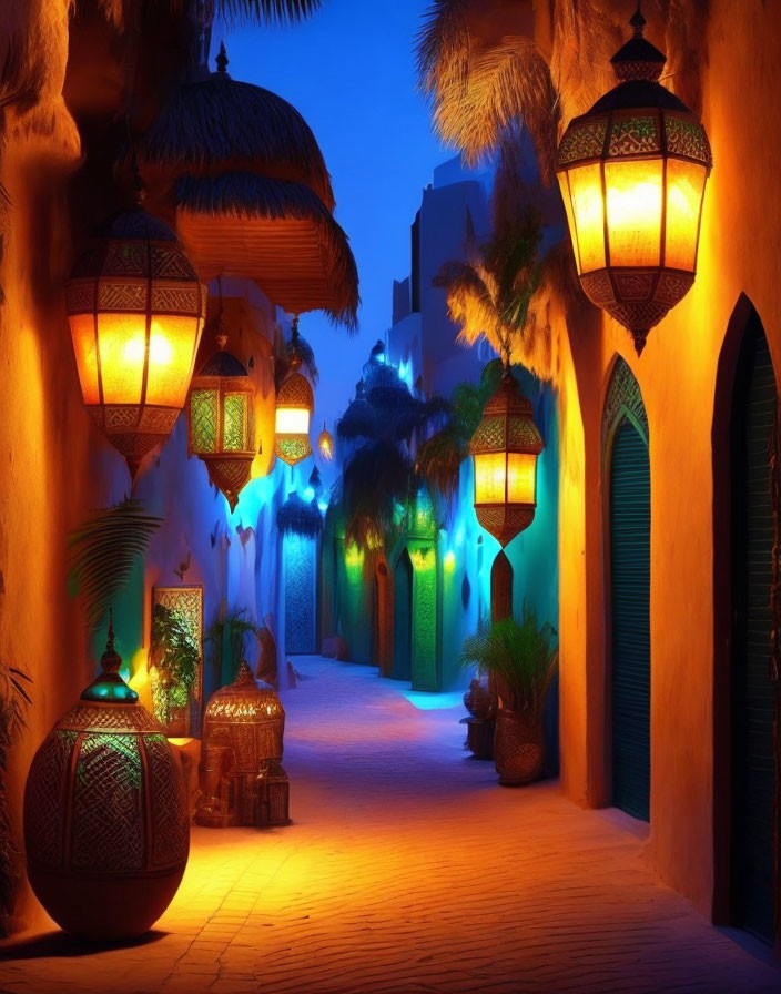 Vibrant lantern-lit alley with traditional doors and baskets under twilight sky