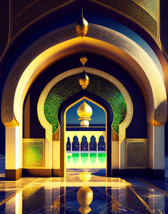 Intricate Islamic arches with golden lanterns on shiny marble floor