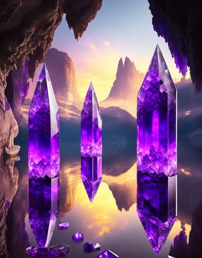 Purple Crystals Emerging from Lake at Sunset Among Mountains