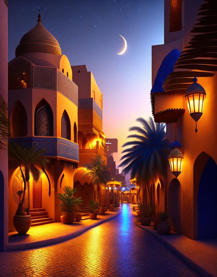 Serene Middle-Eastern Style Alley at Night with Lanterns