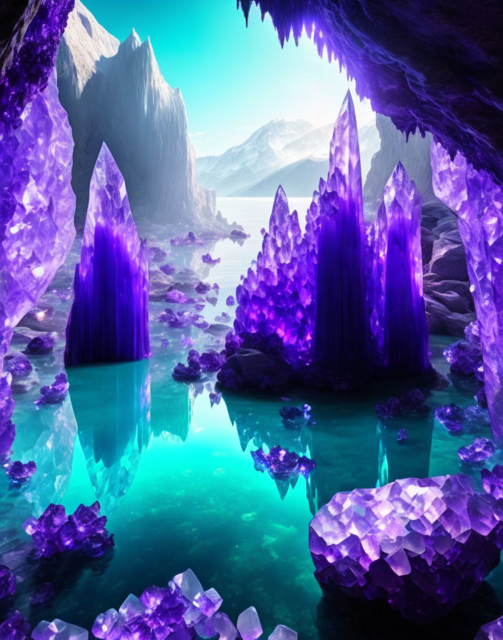 Majestic crystal cave with towering purple crystals in turquoise water