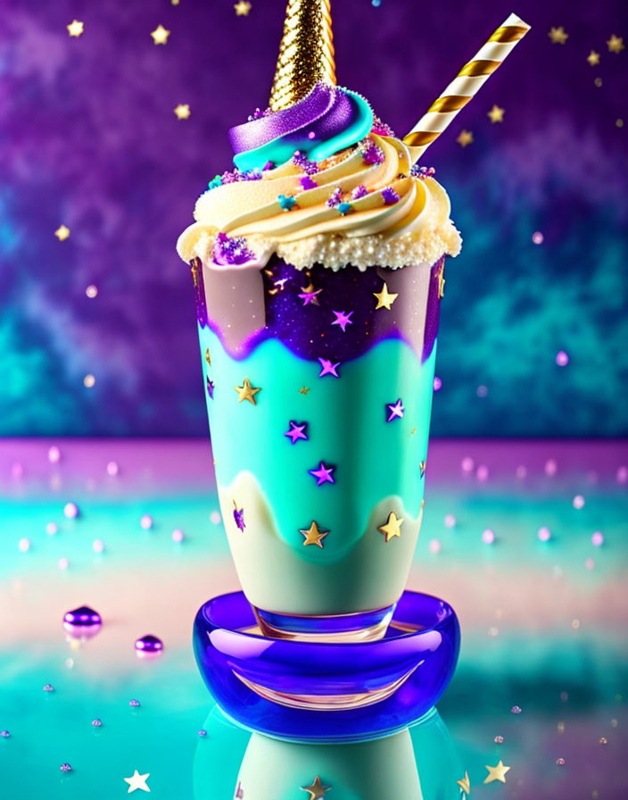 Vibrant galaxy-themed milkshake with unicorn horn topping