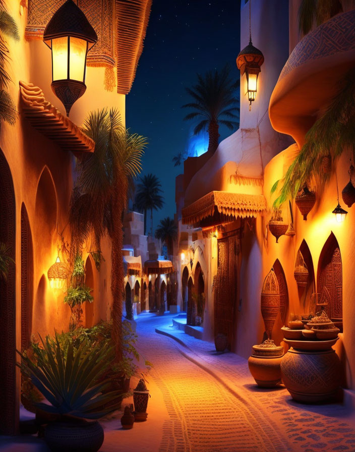 Middle Eastern alley night scene with lanterns and starry sky