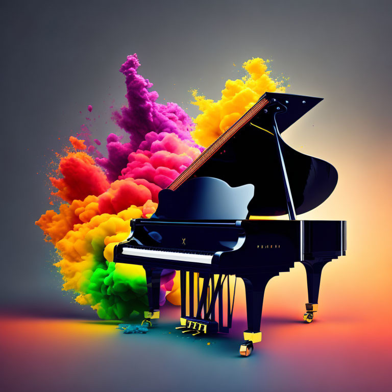 Colorful Paint Plumes Surround Grand Piano on Dark Background