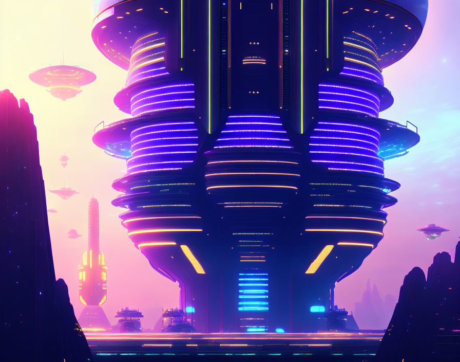 Futuristic neon-lit skyscraper in twilight cityscape