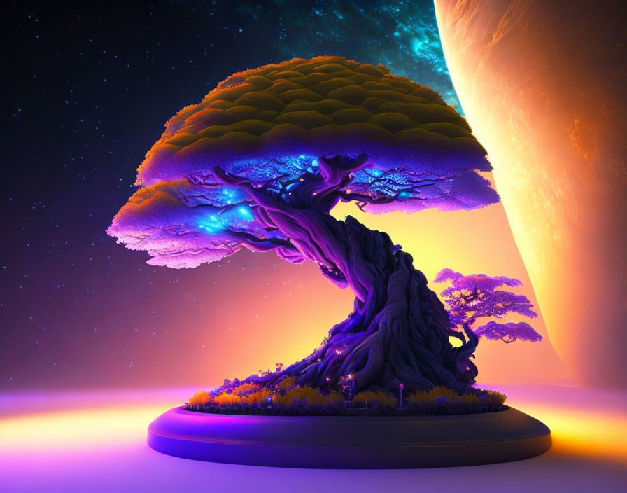 Colorful Digital Artwork of Fantastical Tree and Planet in Purple and Orange Sky