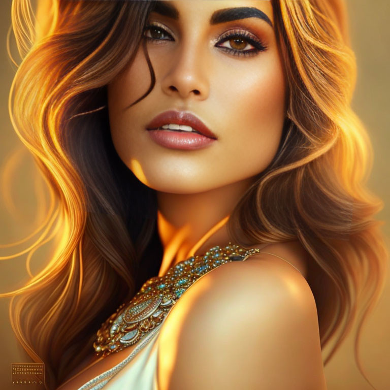 Portrait of woman with wavy golden hair, dramatic makeup, and bejeweled necklace in warm