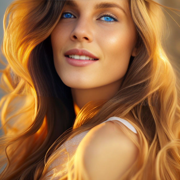 Blonde woman with blue eyes in warm sunlight