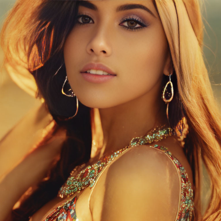 Woman with headscarf and vibrant makeup in warm sunlight showcases elegant aura