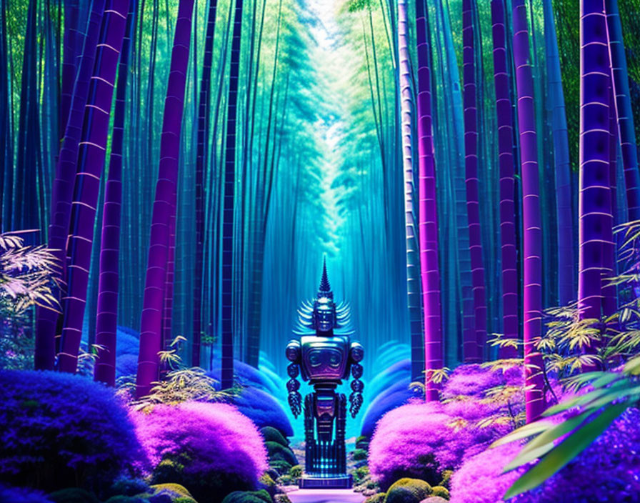 Neon-lit bamboo forest with futuristic robot statue and purple foliage