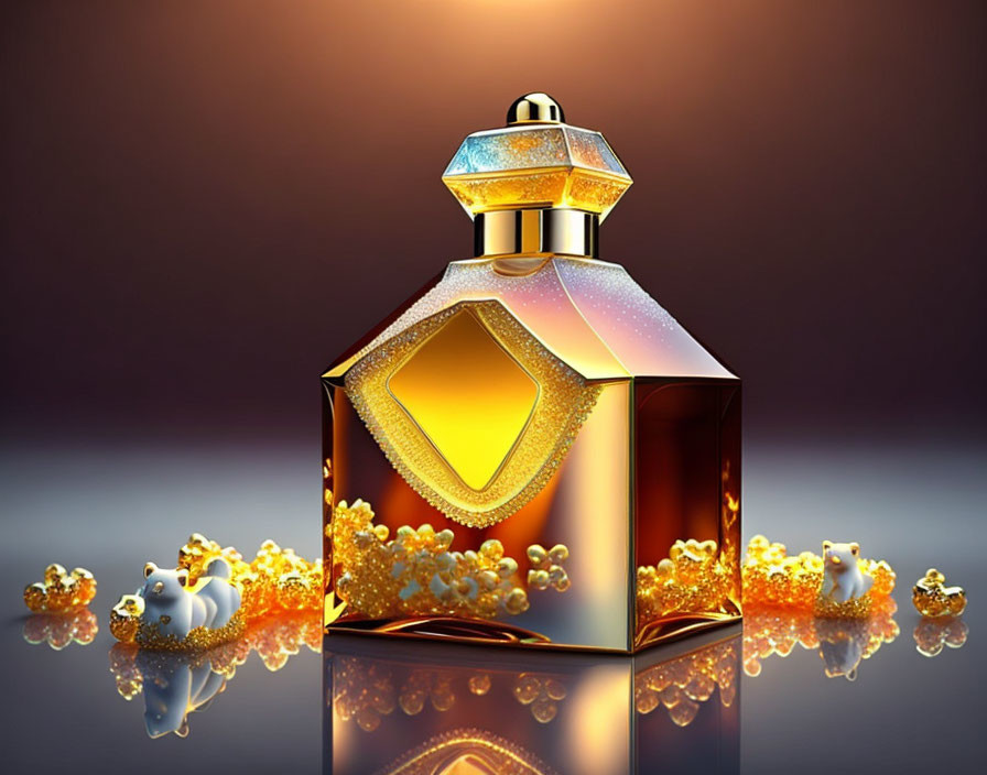 Luxurious Perfume Bottle with Gold Jeweled Cap and Amber Liquid