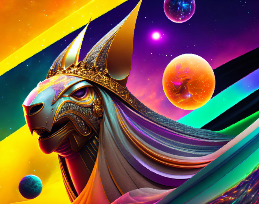 Colorful Egyptian Anubis mask in cosmic digital artwork