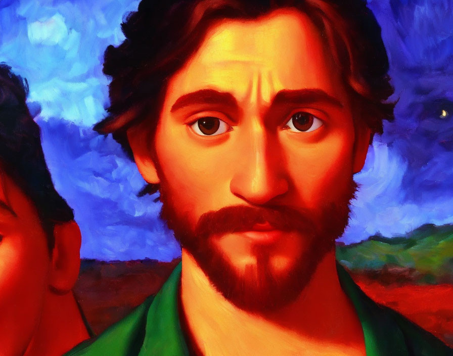 Colorful close-up painting: man with beard and expressive eyes against blue sky