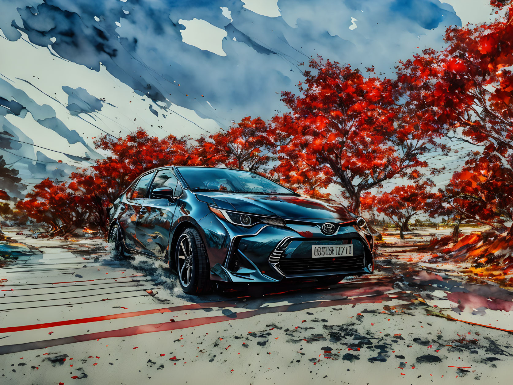 Stylized blue Toyota car in autumn setting with dynamic brush strokes