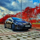 Stylized blue Toyota car in autumn setting with dynamic brush strokes