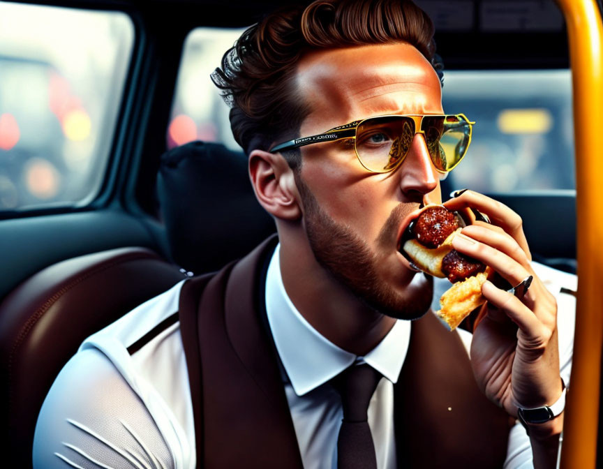 Man in vest and tie eating burger in car with city lights in background