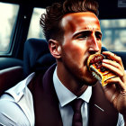 Man in vest and tie eating burger in car with city lights in background