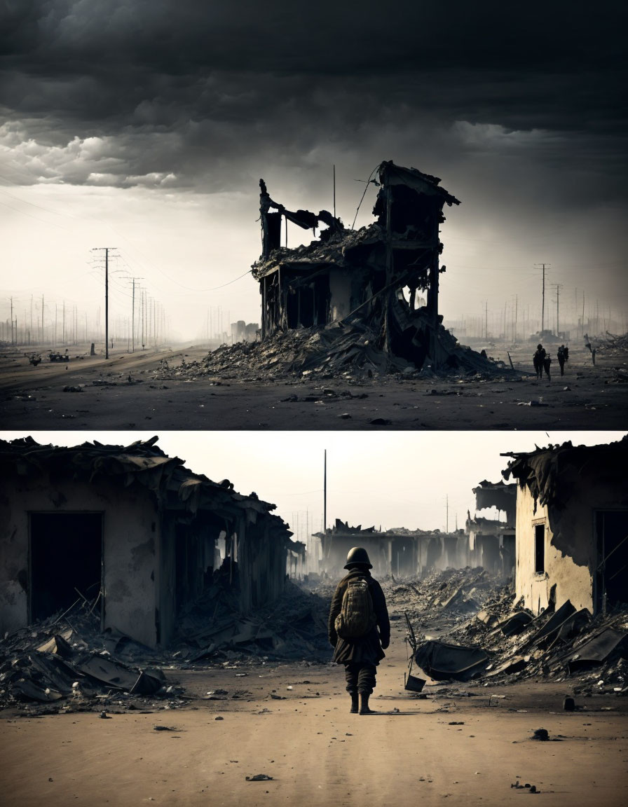 Person walking in devastated war-torn landscape with destroyed buildings