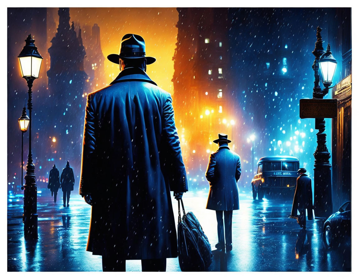 Person in trench coat and fedora on snowy city street at night with vintage car and pedestrians under street