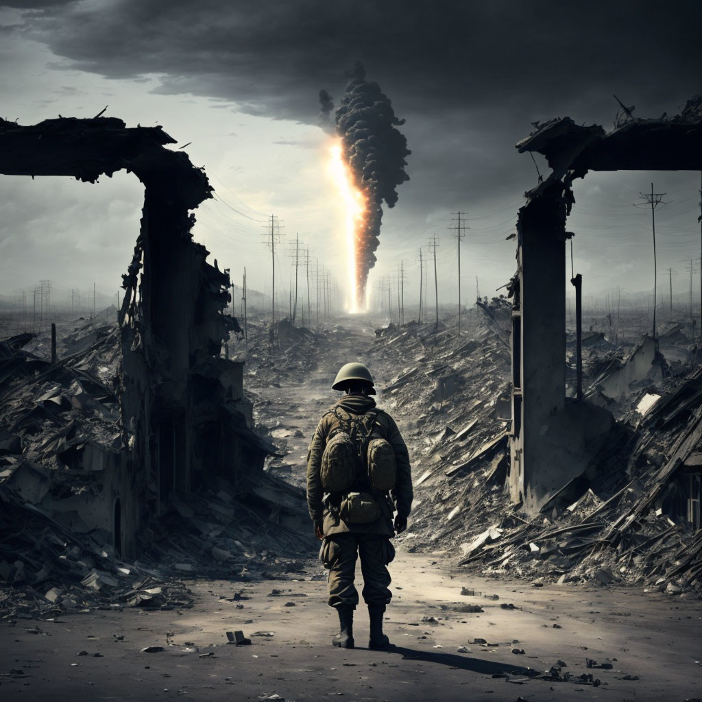 Solitary soldier in devastated cityscape with explosion in distance