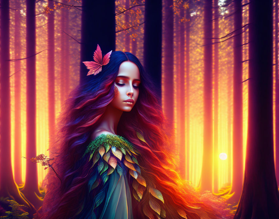 Mystical woman with long hair in dreamlike forest with warm light and leaf in hair