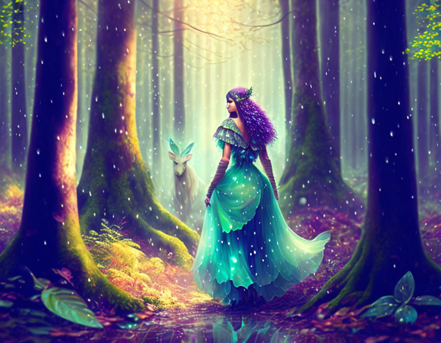 Enchanted forest scene with mystical fairies in teal dresses